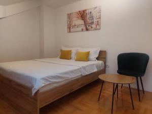 Un pequeño dormitorio con una cama y una silla. en Riverside apartment with private parking, en Niš 6 fotos más