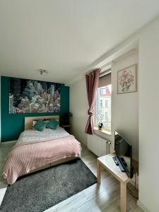 ein Schlafzimmer mit einem Bett und einem Fernseher und einem Fenster in der Unterkunft Apartamenty 1 maja 94 Katowice, Free Parking in Kattowitz