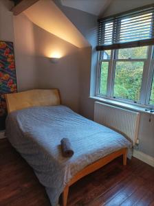 a small bedroom with a bed in a room with two windows at Self-contained Studio in Central London property Unit 4 in London