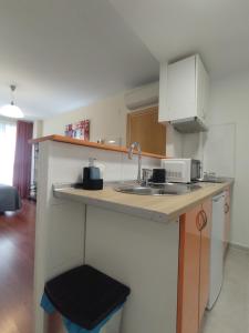 eine kleine Küche mit einer Spüle und einer Mikrowelle in der Unterkunft Madrid Office Tour Estudio Top in Alcobendas