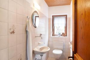 bagno bianco con servizi igienici e lavandino di Haus Bergfrieden ad Au im Bregenzerwald