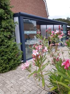 un salón acristalado con flores rosas en un jardín en B&B Bourgondisch Lomm en Lomm