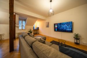a living room with a couch and a flat screen tv at Old town apt in the heart of Thun with garden in Thun