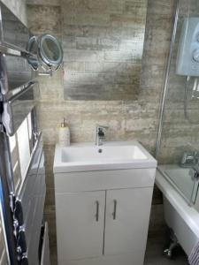 La salle de bains est pourvue d'un lavabo, d'une baignoire et d'un miroir. dans l'établissement Frankie's Holiday Lodge, à Gunnislake