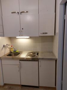 uma cozinha com armários brancos e um lavatório em Apartment Almberg em Mitterfirmiansreut