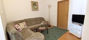 a living room with a couch and a flat screen tv at Apartments Bresina in Povljana