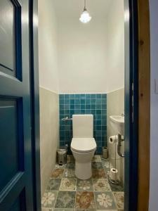 a bathroom with a toilet and a sink at ZebRegény Vendégház in Zebegény