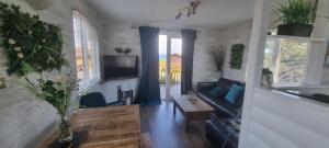 a living room with a couch and a tv at 42 pine lodge & sea views in Llanarmon
