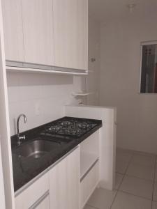 uma cozinha branca com um lavatório e um fogão em APARTAMENTO PARA FERIAS BLUMENAU em Blumenau
