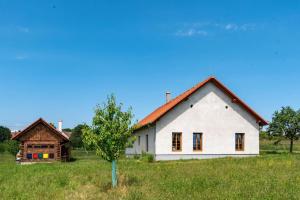 una casa blanca en un campo con un árbol en Chalupa Milešín, 