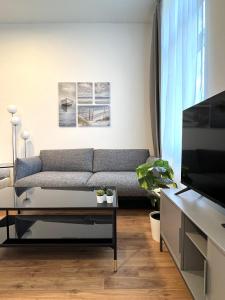 un soggiorno con divano e TV di Harmony Apartment at U6-Metro Vienna a Vienna