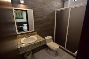W łazience znajduje się toaleta, umywalka i lustro. w obiekcie Bed Bed Hotel Perla w mieście Torreón