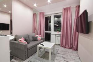salon z szarą kanapą i różowymi zasłonami w obiekcie Apartamenty u Zajączków w Zakopanem