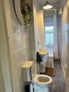 a bathroom with a toilet and a sink at Beautiful traditional flat in the center of Largs. in Largs
