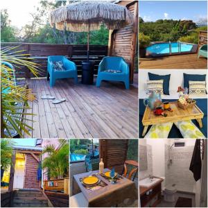 a collage of photos with blue chairs and tables at L'Auxilliadora - Studio cozy en bord de mer in Sainte-Anne