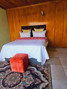 a bedroom with a large bed with a red stool at Good Life Guest house in Orkney +27731671754 in Orkney