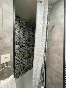 eine Dusche mit Duschvorhang im Bad in der Unterkunft Goiz Etxea Acogedor piso en la parte antigua in Bermeo
