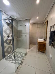 La salle de bains est pourvue d'une douche en verre et d'un lavabo. dans l'établissement Berg guest farm, à Winterton