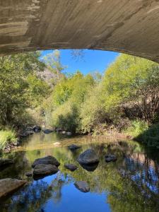 a bridge over a river with rocks and trees at El Invernal de Picos in Portilla de la Reina