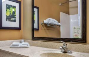 a bathroom with a sink with a mirror and towels at Extended Stay America Suites - Raleigh - Cary - Regency Parkway South in Cary