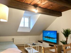 uma sala de estar com uma televisão de ecrã plano num sótão em Old Town Apartments em Berna