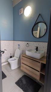 ein Badezimmer mit einem Waschbecken, einem WC und einem Spiegel in der Unterkunft CityZen escape: blackout ready in Johannesburg