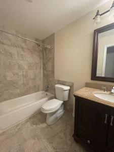 a bathroom with a toilet and a tub and a sink at New Renovated 3BR/2BA home in Cobb County! in Powder Springs