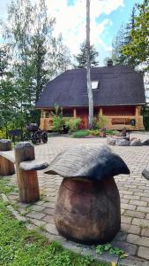 a log cabin with a table in front of it at Trīssaliņas in Aumeisteri