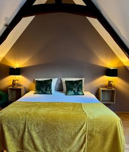 ein Schlafzimmer mit einem großen Bett mit gelber Bettwäsche und zwei Lampen in der Unterkunft Flor du Mont Gîte in Pontorson
