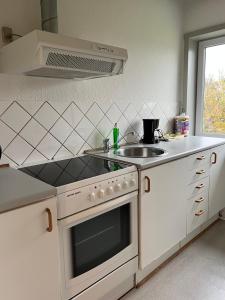 una cucina con piano cottura e lavandino di Dejlig 2 værelses lejlighed a Randers
