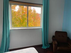 ein Fenster mit blauen Vorhängen und einem Stuhl in einem Zimmer in der Unterkunft Quarto casa familiar in Viseu