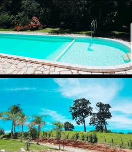 deux photos d'une piscine avec un arbre dans l'établissement Fazenda Araras Pirenópolis, à Pirenópolis