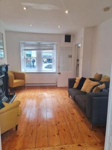 a living room with a couch and a fireplace at Cosy Irish Cottages RDS in Dublin