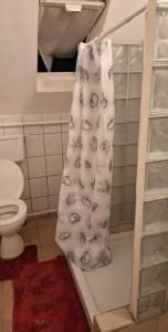 a shower curtain in a bathroom with a toilet at Pihenés a Malomtónál privát bérlemény in Tapolca