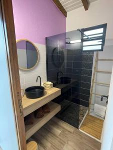 La salle de bains est pourvue d'un lavabo et d'un miroir. dans l'établissement Ti-Kaz Gwada Le Gosier, au Gosier