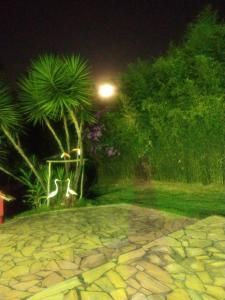 a street light in a garden at night at Pousada toca da coruja in Contagem