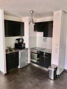 a kitchen with stainless steel appliances and black cabinets at LeT2 Appartement Moderne avec Terrasse et Parking in Strasbourg
