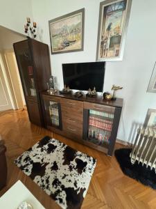 a living room with a tv and a cow rug at Stylish Downtown Apartment in Podgorica