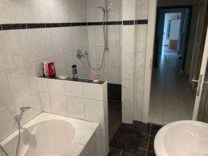een badkamer met een douche, een bad en een wastafel bij Wohnung direkt am Wald in Warstein