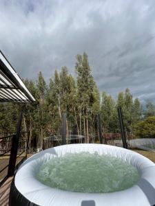 a large circular pool on a deck with trees at Villa Dante in Firavitoba
