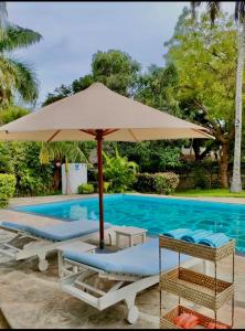 una sombrilla y sillas de bronceado junto a la piscina en WHITE Nyumba en Malindi