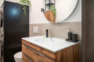 een badkamer met een wastafel en een spiegel bij Unique apartment in Ljubljana in Ljubljana