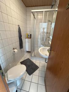 een badkamer met een toilet, een wastafel en een douche bij Privatzimmer Haus Grünewald in Solingen