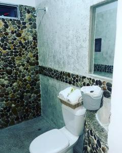 a bathroom with a toilet and a stone wall at Ebenezer Ecocamp in San Francisco