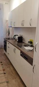 Una cocina con gabinetes blancos y encimera. en Magnolia- Dolce Duo Homes, en Viena
