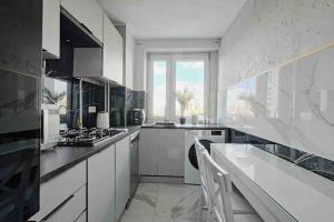 een keuken met witte apparatuur en een groot raam bij Emilii Plater 55 Center 2 bedrooms Living room balcony in Warschau