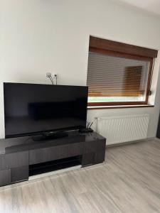 sala de estar con TV de pantalla plana grande en Airport Confort House, en Otopeni