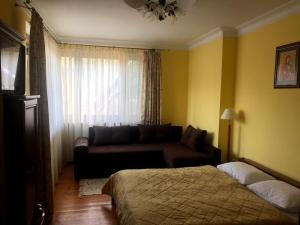 1 dormitorio con cama, sofá y ventana en Prutets Guest House, en Tatariv