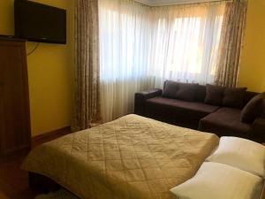 a bedroom with a bed and a couch and a window at Prutets Guest House in Tatariv