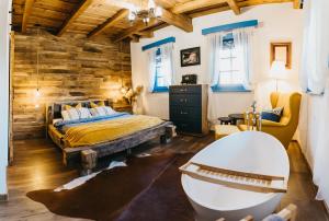 ŞiclodEmese Guesthause的一间带床、浴缸和椅子的卧室